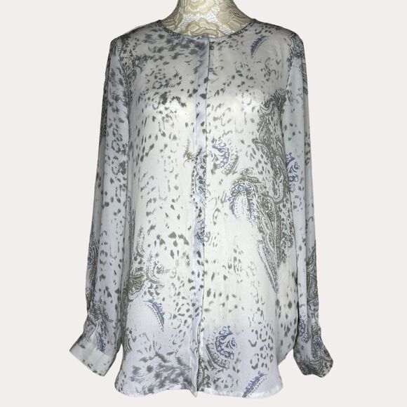 Belissimo Sheer Chiffon Blouse Top Paisley Cream Gray Blue S - Picture 1 of 10